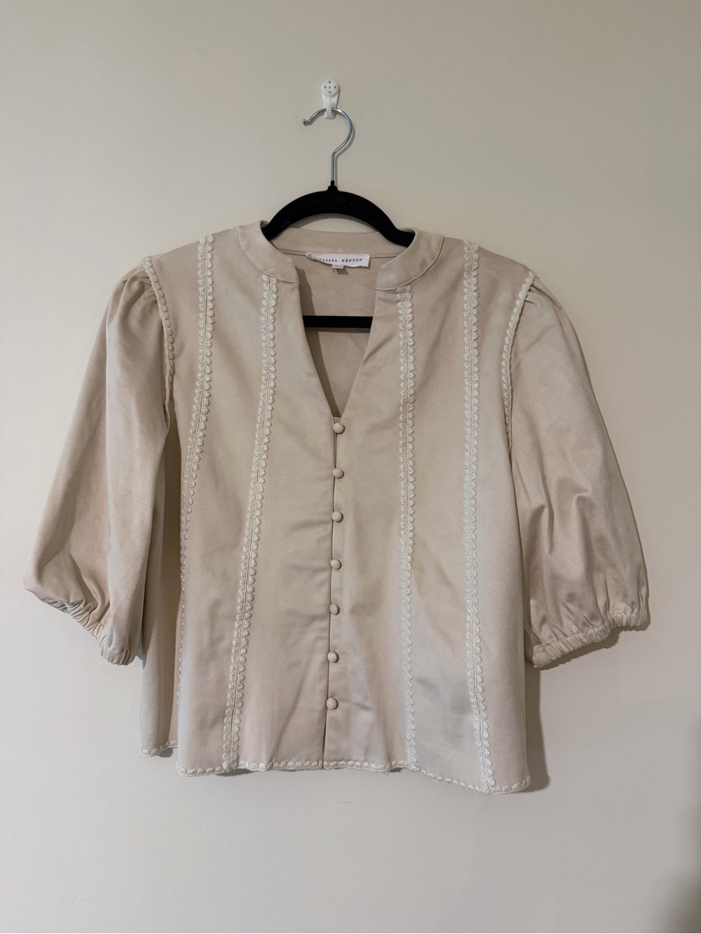 MELISSA NEPTON Cream Embroidered Button-Front Puff Sleeve Blouse